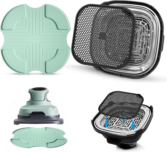 Silicone Mat for Ninja Crispi Air Fryer, Heat-Insulating Trivet for FN101 Containers – Kitchen Splatter Guard, Ninja crispi Accessories Oil Blocker, Keeps Countertop Clean(Green & Black)