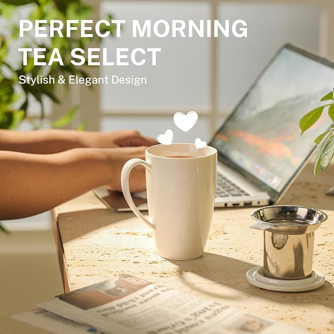 Sweese 15oz Porcelain Tea Mug with Infuser and Lid – Microwave Safe, Ergonomic Handle, Lead-Free Glaze, for Loose Leaf Tea White;