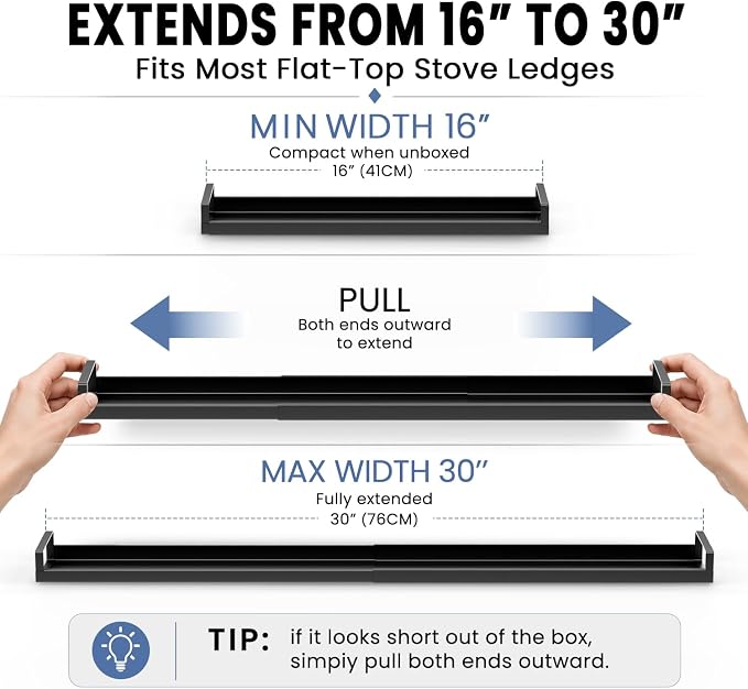 Bumusty 30" Adjustable Magnetic Stove Top Shelf, Matte Black | Expandable Spice Rack with Strong Magnetic Hold for Seasoning Storage and Kitchen Counter Organization