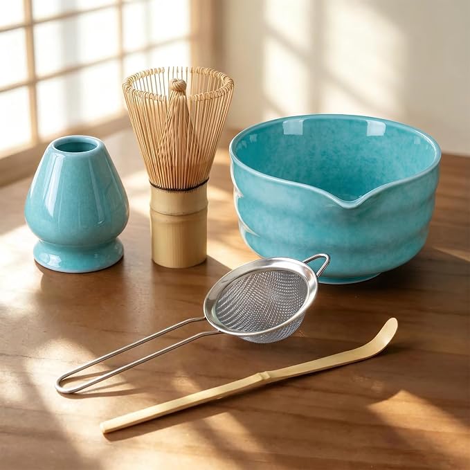 Matcha Whisk Set with Serene Blue Ceramic Bowl - All-in-One Matcha Starter Kit, Bamboo Whisk (Chasen), Whisk Holder, Matcha Powder Sifter, Scoop, Japanese Tea Ceremony Tools