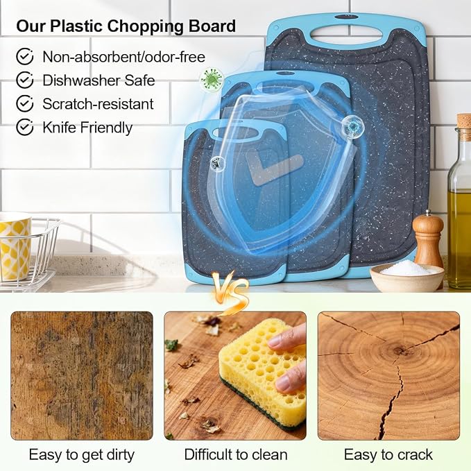 Plastic Cutting Boards for Kitchen non BPA, 3 Pieces, Dishwasher Safe, Aqua | Chopping boards Set with Juice Grooves, Easy Grip Handle, Non-Slip, Grinding Area for Grinding Garlic and Ginger
