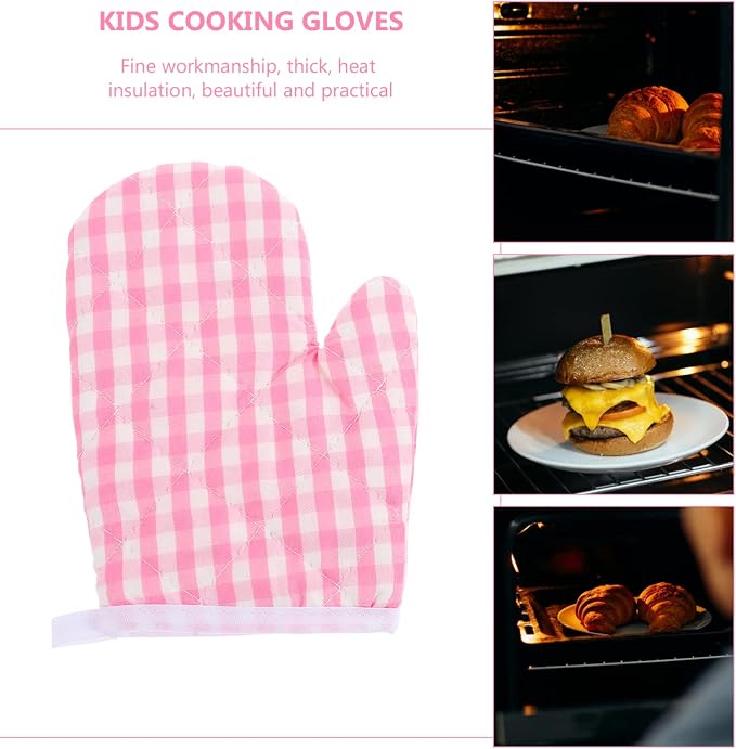 2Pcs Oven Mitts for Play Kitchen, Anti- Scald Gloves Microwave Oven Gloves Kitchen Mitts for Safe Baking Cooking (Pink Checkered)