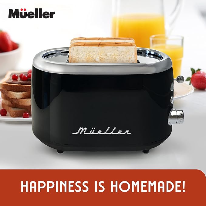 MUELLER HOME Retro Toaster 2 Slice, 7 Browning Levels | 3 Functions (Reheat, Defrost, Cancel), Stainless Steel Features, Removable Crumb Tray, Under Base Cord Storage,