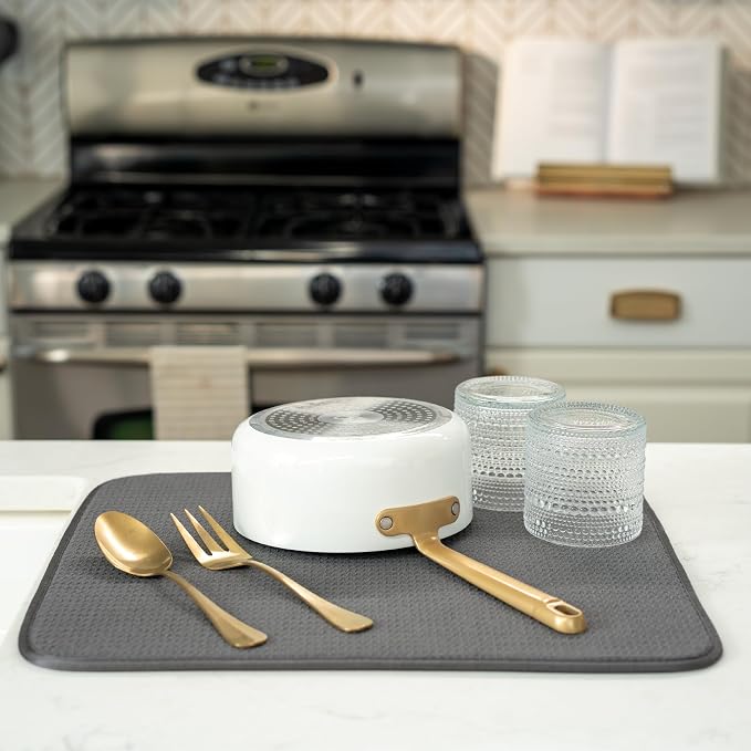 S&T INC. Dish Drying Mat, 16" x 18", Large, Charcoal Grey | Absorbent Microfiber, Kitchen Counter Mat for Dishes, Utensils, Pots and Pans, Machine Washable