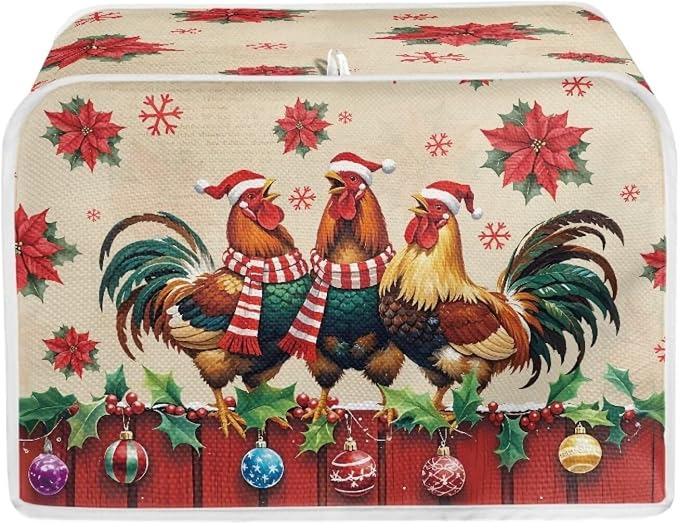 Christmas Rooster Print 2 Slice Toaster Cover Foldable Kitchen Small Appliance Cover Dust and Fingerprint Protection, Machine Washable Home Kitchen Decor Accessories