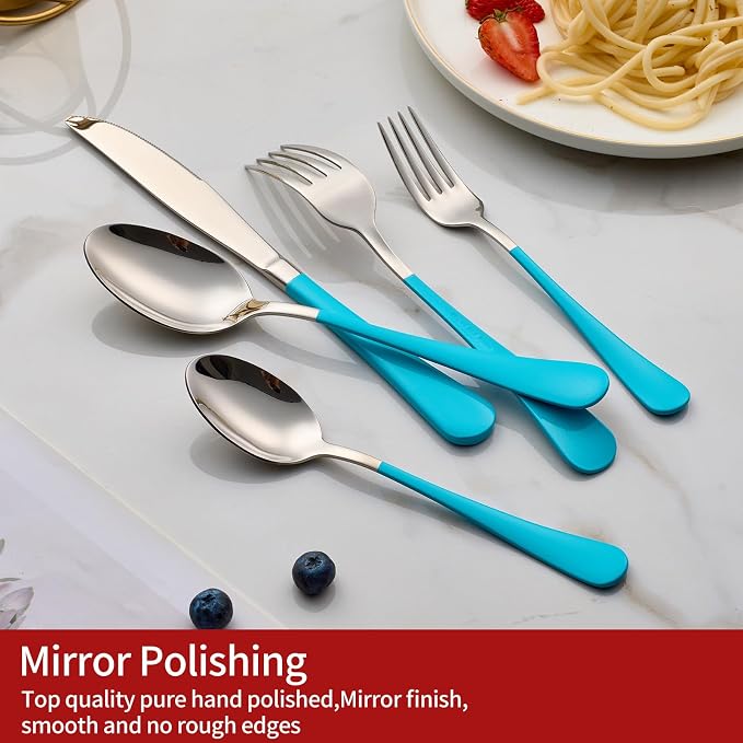 20-Piece Blue Silverware Set 18/0 Stainless Steel Flatware Blue Handle Cutlery Set Service for 4 Dinner Knives Forks Spoons Set Mirror Finish Dishwasher Safe