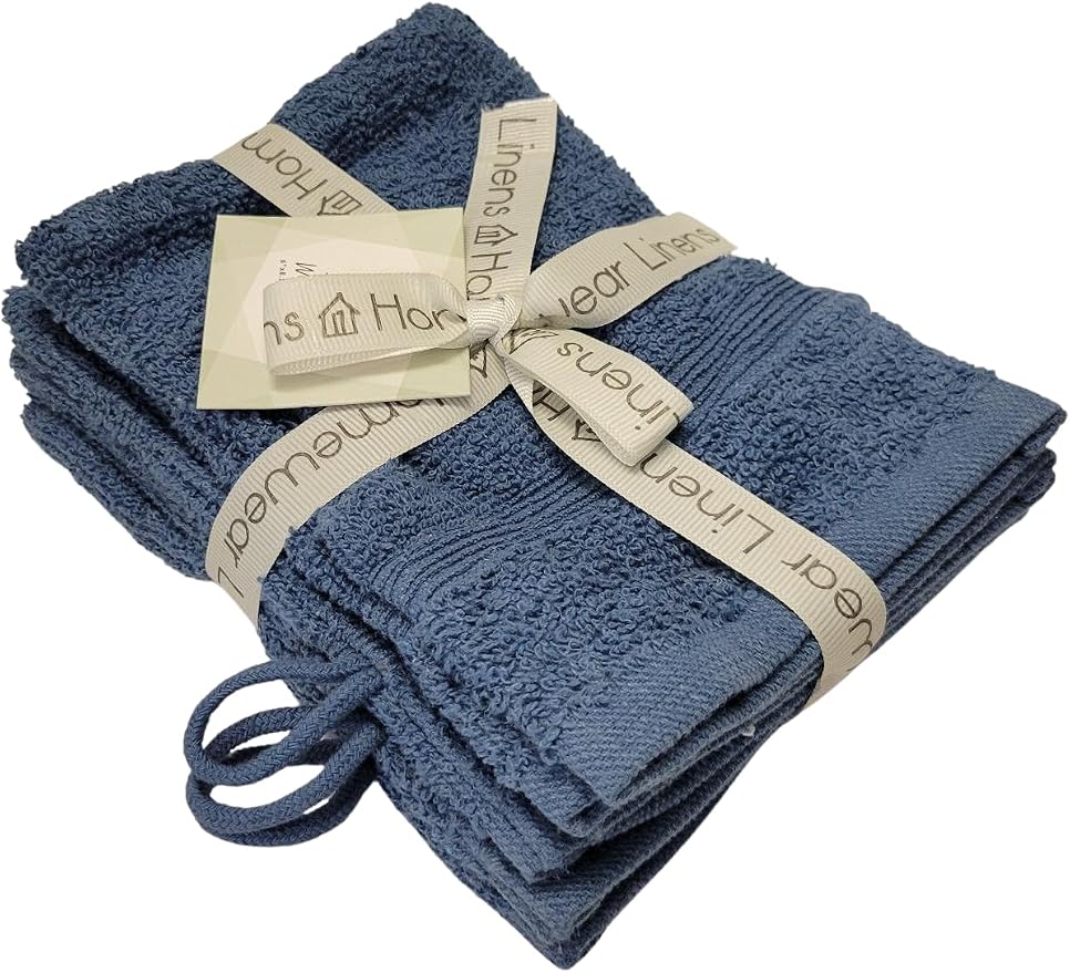 High Rise Stripe 6 Pack 6 x 8.5 Wash Mitt Set, Low Twist, Highly Absorbent, Gentle Hand and Face Cloth, European Style with Loop, Indigo