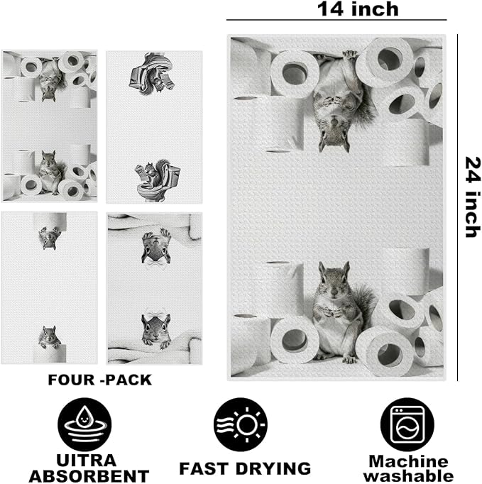 Jztco 4 Pcs Funny Squirrel Hand Towels, Squirrel Gifts Reusable Dish Towels | Cute Animal Waffle Weave Hand Towel for Bathroom Restroom Decor, Squirrels Lovers Gifts for Women Mom 24x14 Inch