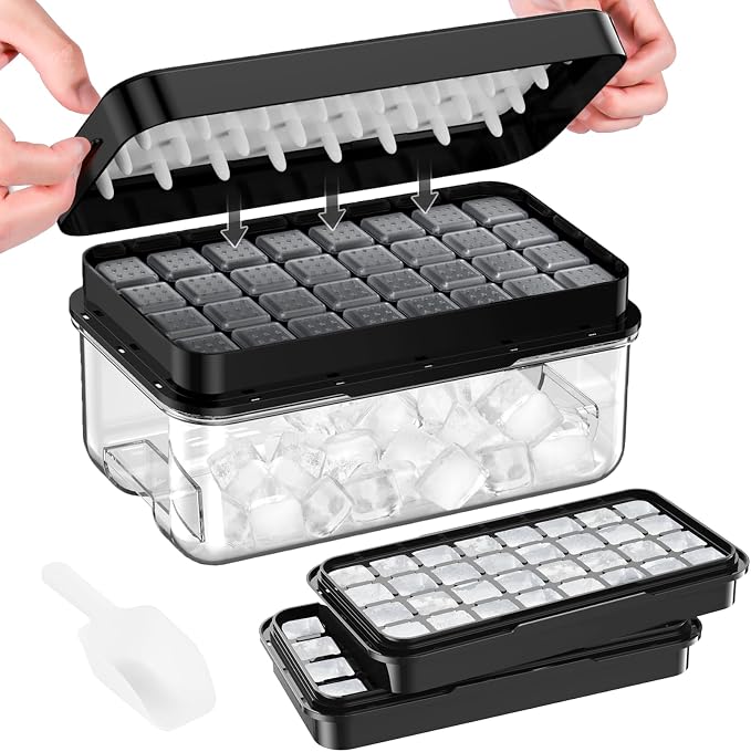 1" Ice Cube Tray with Lid and Bin, Easy Release 64 Cubes for Freezer | Food-grade BPA-free PP and ABS. 1" x 64pcs ice cubes for fruit whiskey, cocktails. Space-saving, stackable with scoop