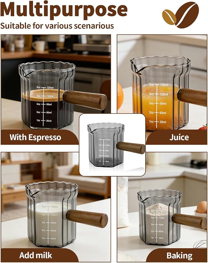 Espresso Measuring Cup 5 Oz, Espresso Glass Cups with Wood Handle, Milk Frothing Cup, Espresso Cup for Coffee, Milk, Tea or Maple Syrup Serving (Gray, 5 oz)