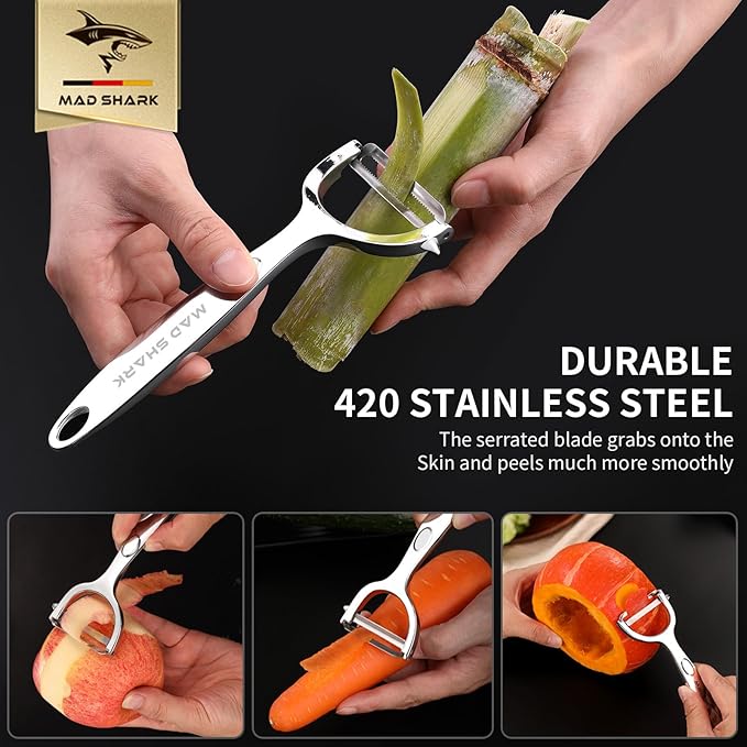 MAD SHARK Y & I Vegetable Peeler 2 Pack, Stainless Steel Serrated Blade Set | Ultra Sharp Vegetable Peelers for Kitchen,Non-slip Ergonomic Grip for Potatoes, Apples, Carrots, Fruits & Veggies