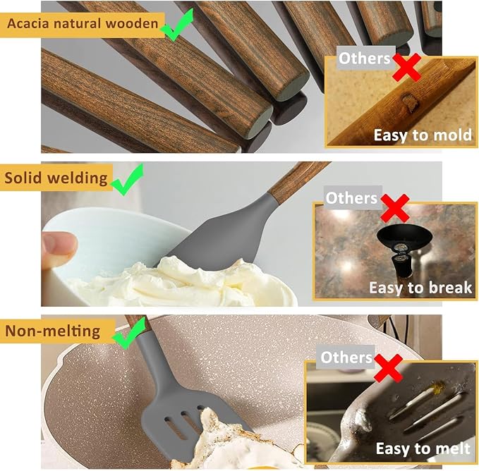 Umite Chef Silicone Cooking Utensil Set, 8-Piece Kitchen Utensils Set with Natural Acacia Wooden Handles,Food-Grade-Silicone Kitchen Gadgets and Spatula Set for Nonstick Cookware - Grey
