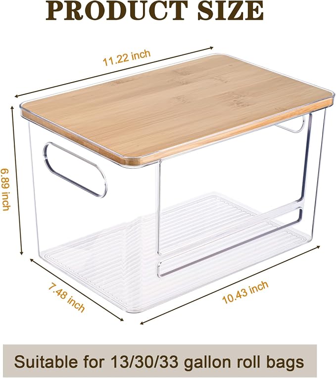Trash Bag Dispenser Under Sink Organizer for Pantry, Kitchen | Acrylic Garbage Bag Dispenser, with Bamboo Top & Handles, Extra Large, Keep Onions and Potatoes Neat, Clear, Stackable