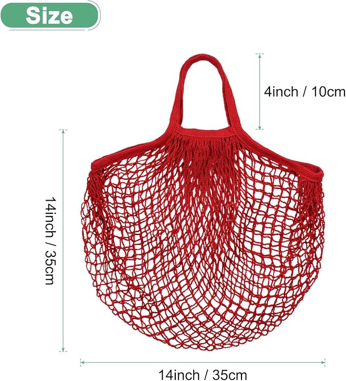 M METERXITY 1-Pack Cotton Mesh Bag, Reusable Washable Mesh Net String Grocery Bags, Reusable Produce Bags with Handle, Net Tote Bag for Fruits/Vegetables Shopping [Red, Short Handle]
