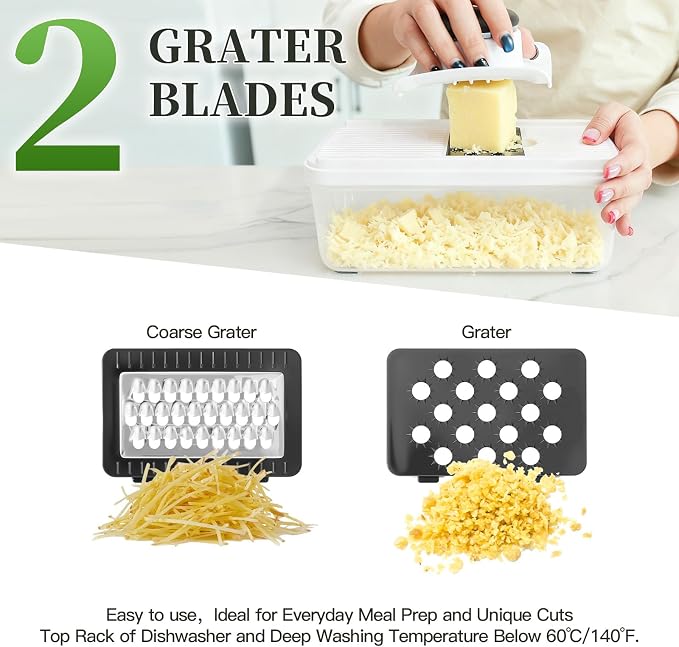 14-In-1 Chopper Vegetable Cutter with 7 Blades, Vegetable Chopper with Container and Lid, Mandoline Slicer for Kitchen, Veggie Slicer for Salad, Cheese Grater, Kitchen Gadgets Accessories Essentials