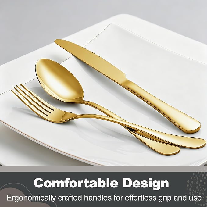 Runfly 40-Piece Gold Flatware Set, Stainless Steel Cutlery Set for 8 | Mirror Polished Durable Utensil Set Includes Knife Fork Spoon for Home Kitchen Restaurant Tableware