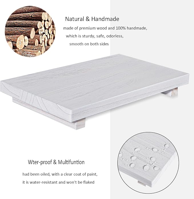 Wood Bathroom Tray Farmhouse Decor Kitchen Soap Holder, 11.8"x7" White | Waterproof, Lightweight, Easy Clean, Small Wooden Riser Pedestal Stand Accessories for Office Desk, Vanity, Counter, Sink