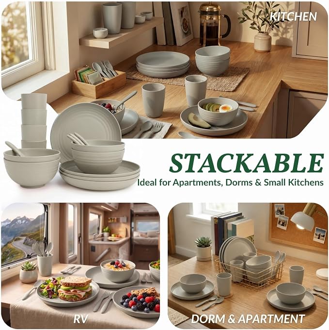Wheat Straw Dinnerware Sets 20 PCS Unbreakable Plates and Bowls Sets Microwave Safe Camping Dish Set Kids Dinnerware Set, Kitchen, Apartment, Party, RV, Picnic, Dorm-Grey