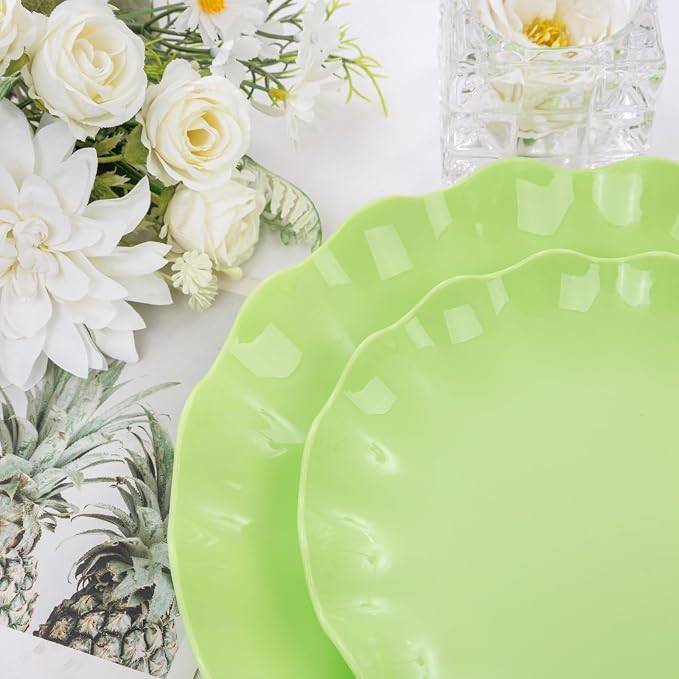 LIYH 24Pcs Sage Green Unbreakable Plastic Plates for Birthday Scalloped | Premium food-grade shatterproof reusable dinnerware. Elegant scalloped edges, ideal for serving desserts at any gatherings.