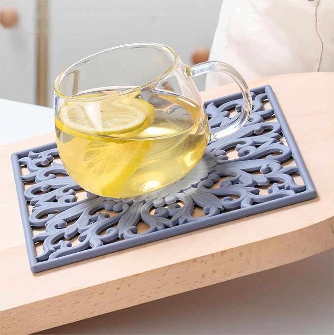 Silicone Trivets Mats for Hot Pots and Pans, Square Microwave Non Slip Mat for Table or Counter, Multi-Use Carved Hot Pads and Mats, Heat Resistant Big Teapot Coaster Set of 3 Teal