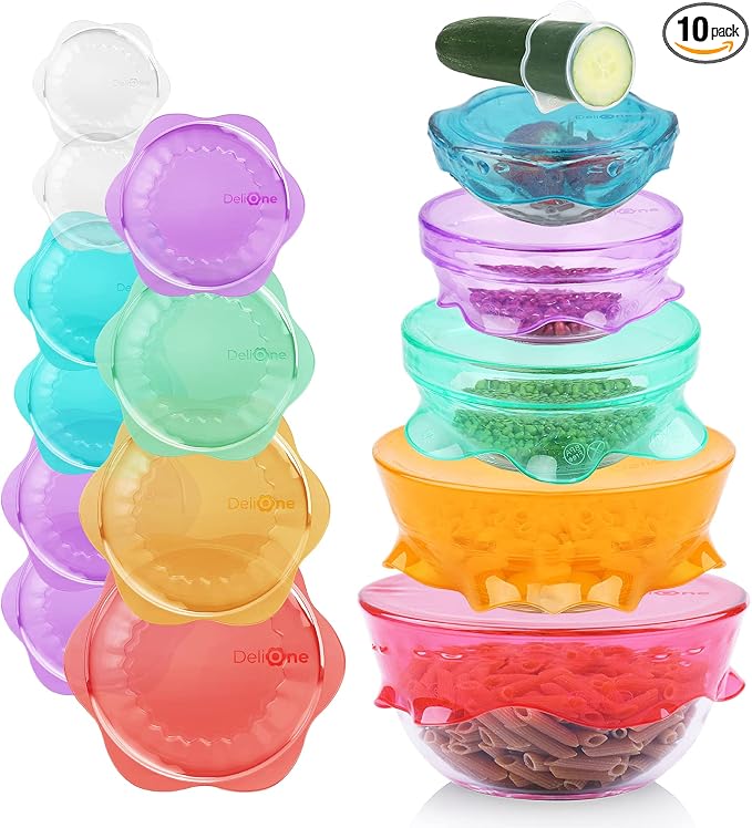 DeliOne Silicone Stretch Lids for Kitchen Food Storage – Durable, Reusable + Expandable Bowl Covers for Cup or Square Containers, Freezer, Microwave, and Dishwasher Safe, 10-Pack, Color