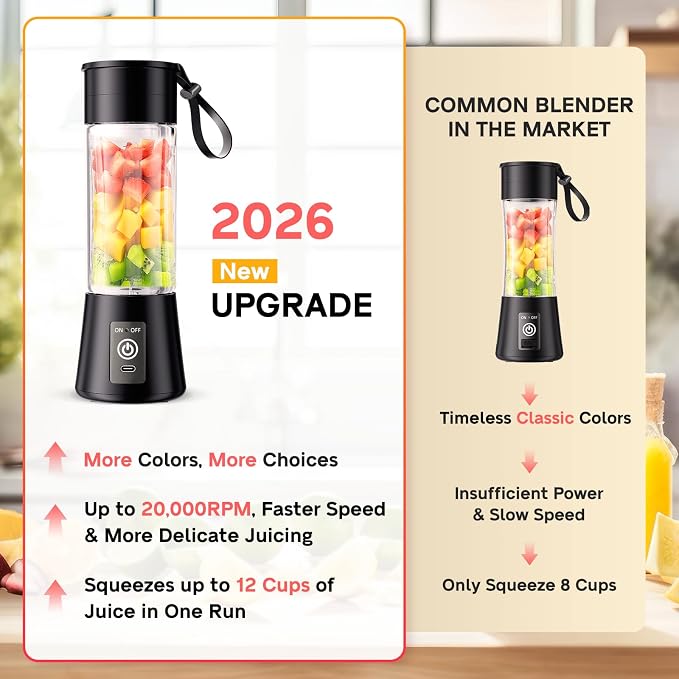 Personal Size Portable Blender Make Smoothies - Mini Blender 12oz Juice Cup | Powerful Blending with 6 Stainless Steel Blades, BAP-Free, Lightweight, Easy Clean,Suit in Travel/Office/Gym/Picnic/ Sports