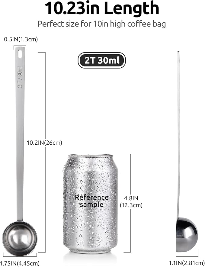 U-Taste Coffee Scoop 2 Tablespoon: 18/8 Stainless Steel Measuring Scooper for Ground Coffee, Bean, Powder, Espresso, 8.5in Extra Long Handle Metal Meaure Spoon for Canister, Jar (2Tbsp/30ml, Silver) | 18/8 Stainless Steel Tablespoon Scoop, Long Metal C...