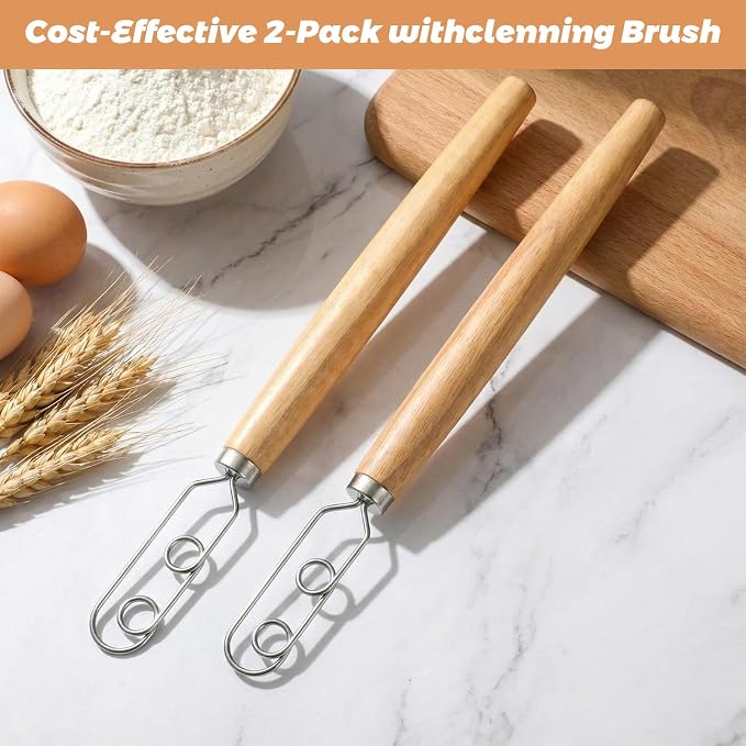 Zhehao 2 Pcs 13 Inch Sourdough Starter Stirring Hook Danish Dough Whisk Wooden Dutch Mixer Hand Utensil with Stainless Steel Dough Hook for Bread, Pizza, Pastry, Cake Batter Making Tool