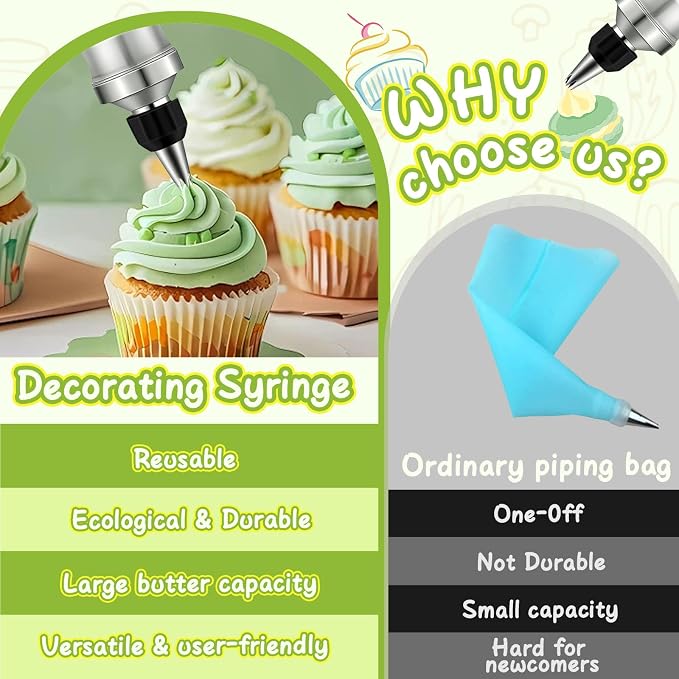 FANTEXY Dessert Decorating Syringe Set, Stainless Steel Icing Piping Kit | Cake Decorating Tools, 6 Piping Icing Nozzles, Cupcake Decorating Kit