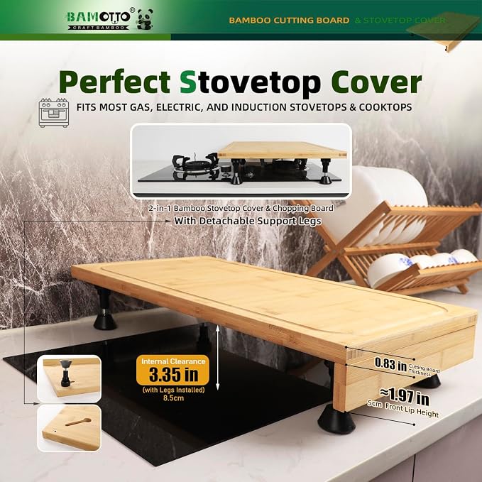 BAMOTTO CRAFTBAMBOO 12.6 x 22 Inch Bamboo Stovetop Cover Cutting Board | Detachable Legs | Detachable Front Lip | Over-the-Sink | Space Saving Kitchen Countertop Long Board