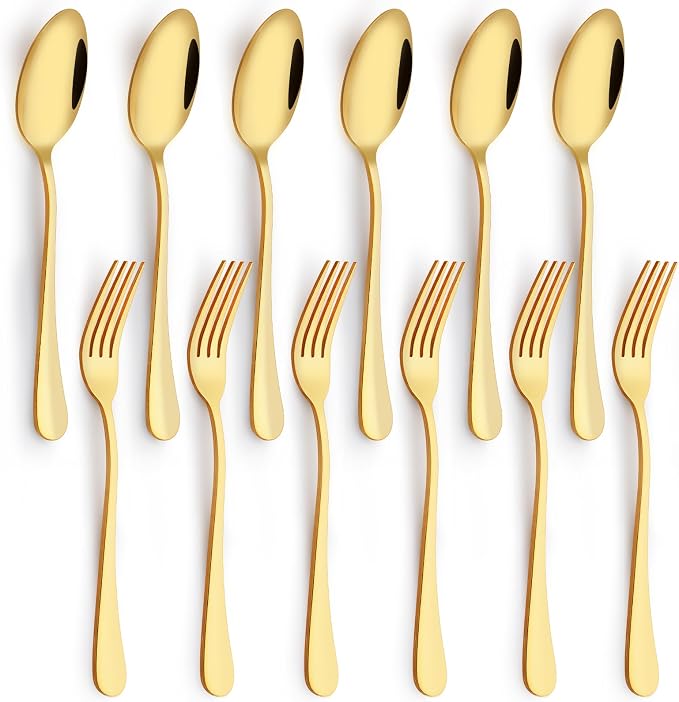 12 Pieces Spoons and Forks Set,Food Grade Stainless Steel Flatware Cutlery Set,6 Forks(6.8 inch)and 6 Spoons(6.6inch)Silverware Set for Home,Kitchen,Restaurant-Mirror Polished & Dishwasher Safe(Gold)
