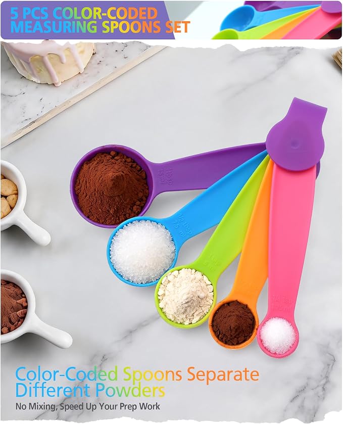 Measuring Cups and Spoons set, Collapsible Measuring Cups, 4 piece Measuring Tool Engraved Metric/US Markings for Liquid & Dry Measuring, Space Saving, BPA Free Silicone, Colorful