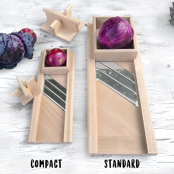 Compact Wooden Cabbage Shredder Slicer with Hand Guard for Finely Cut Sauerkraut and Coleslaw - Natural Unfinished Beech Hardwood with Stainless Steel Blades