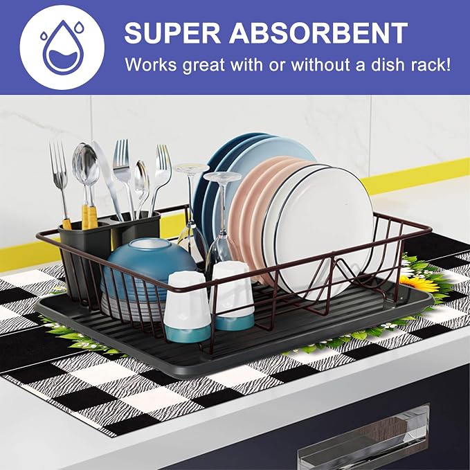 HOMETITUTE Spring Stove Top Covers for Electric Stove 28x20 Inches Welcome Floral Ring Buffalo Plaid Glass Cooktop Protector Pad Decorative Stovetop Cover Dish Drying Mats for Kitchen Decor
