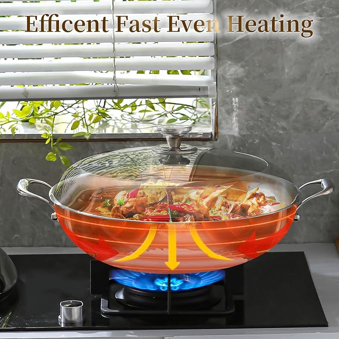 DELARLO Tri-Ply Stainless Steel Wok Pan with Lid 14inch, Healthy Non-Toxic Flat Bottom Induction Wok, Stir Fry Pan for Glass Top Stove Up to 600℉(Not Including Lid