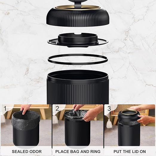 Motion Sensor Bathroom Trash Can with Lid,Black and Gold Garbage Can | 3 Gallon Automatic Bathroom Garbage Cans,Black Garbage Bin,Touchless Sensor Trash Bin,Small Waste Basket for Bedroom,Office