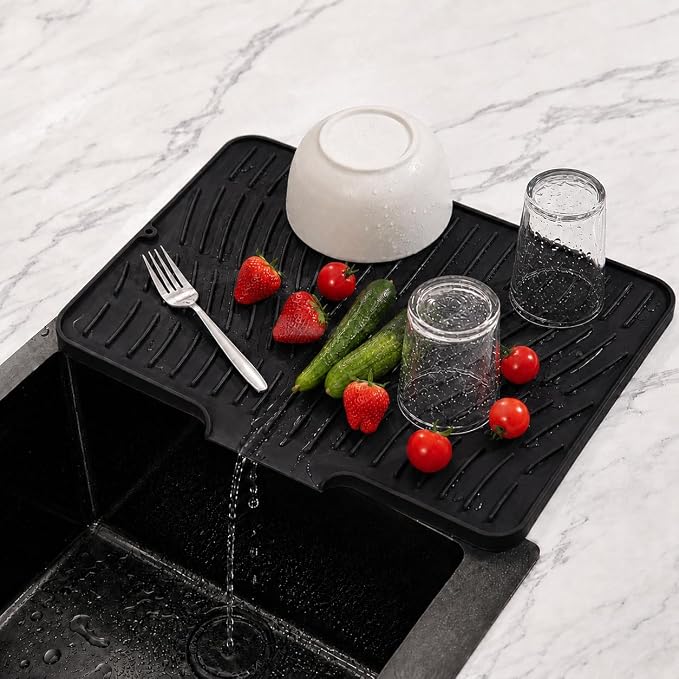 Silicone Dish Drying Mat for Kitchen Counter - Large Dish Drying Pad with Built-in Drain Lip, Heat Resistant Sink Drying Mat for Dishes, Cups and Cookware, BPA Free Black (15.8" x 13") | Raised ridges elevate dishes and create space for water to move a...