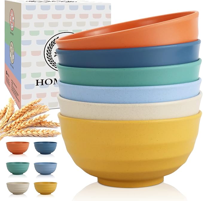 Large Bowl Set of 6, 60 oz Unbreakable Wheat Straw Bowls, Microwave Safe & Reusable for Salad, Cereal, Soup, Ideal for Camping, Picnic, Family Dining (Multi)