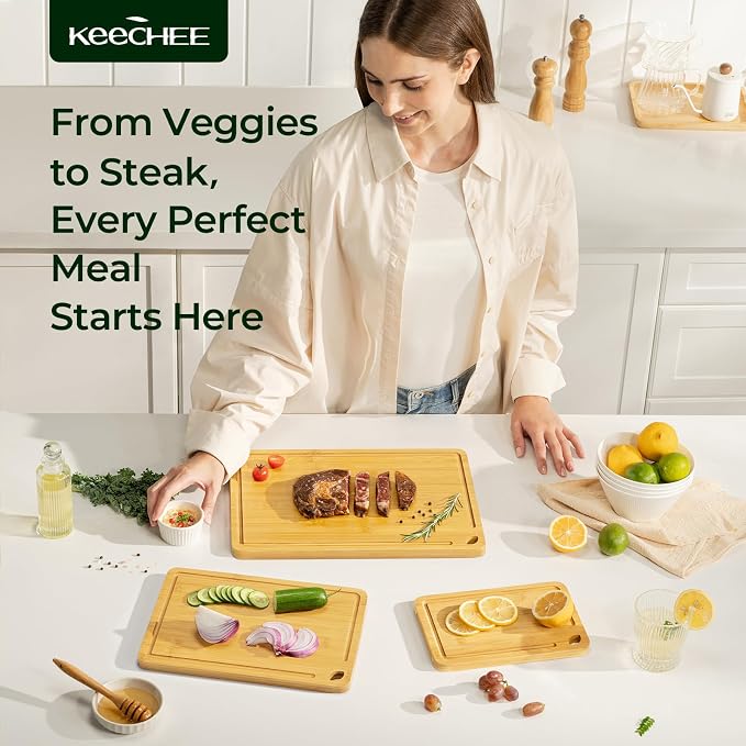 Keechee Bamboo Cutting Board, Cutting Board for Kitchen with Handles | Non Toxic, Resisted-Cracking&Curling, Deep Juice Groove, Side Handles,Cross-Laminated Structure, Knife-Friendly, Gifts Ready