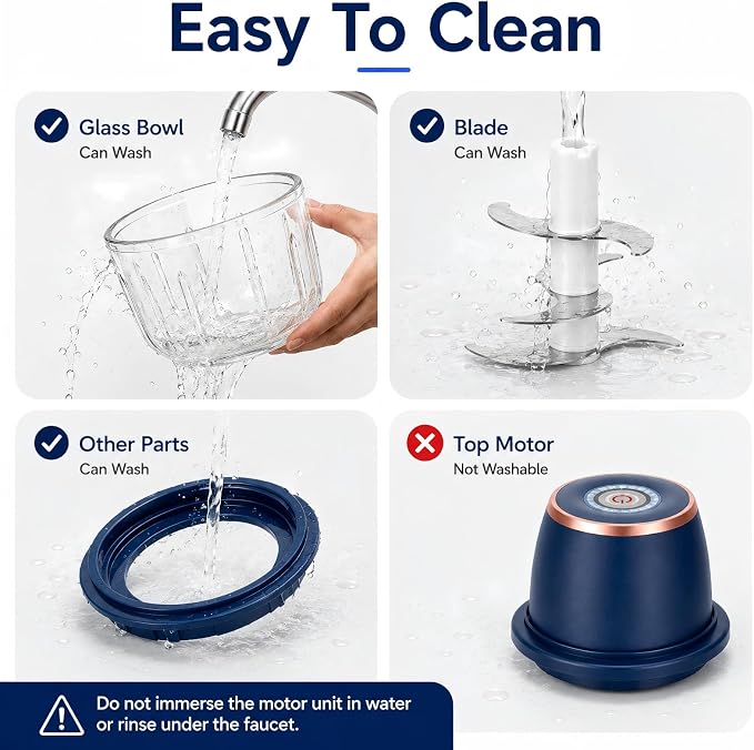Electric Garlic Chopper, 350ml Mini Food Processor with 6 Stainless Steel Blades & Thickened Glass Bowl, USB Rechargeable Portable Food Grinder for Garlic, Onion, Nuts, Meat, Chili & Fruit(Blue)