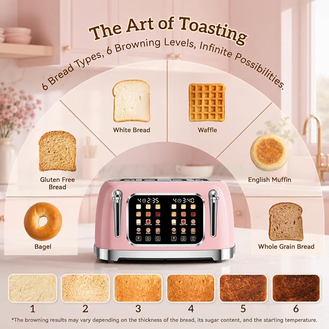 RONGBEST Retro Toaster 4 Slice with Stainless Steel Wide Slot Touchscreen for Family Breakfast, Reheat & Defrost, 6 Browning Levels for Bagel & Bread, Removable Crumb Tray, Blush Pink