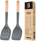 Pack of 2 Silicone Spatula, Non Stick Cooking Utensil Set Wooden Handle Kitchen Turner for Baking Mixing Grilling Serving Food Heat Resistant Non Scratch Hooks Included (Grey)