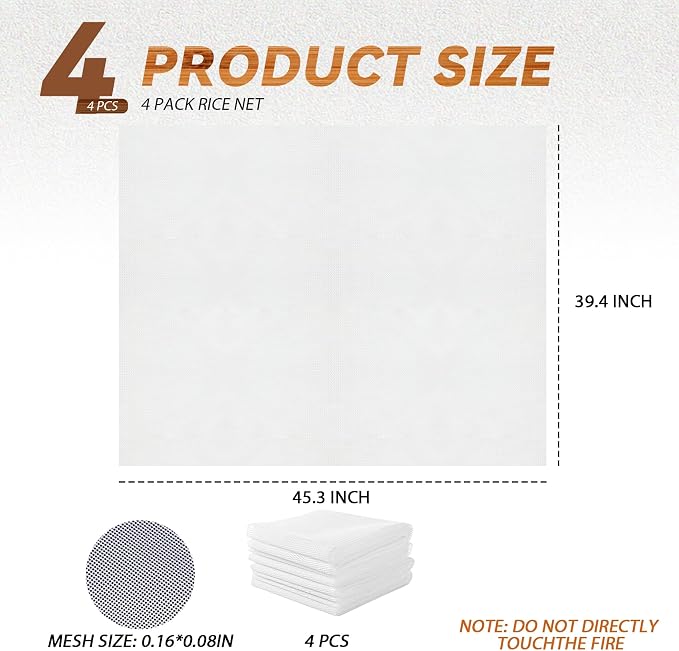 4 Pack 45.3"x 39.4" Sushi Rice Cooking Net | Non-Stick Rice Cooker Napkin, Fine Mesh Rice Cooker Napkins, Cooking Rice Steamer Cloths for Homes, Restaurants, Camping