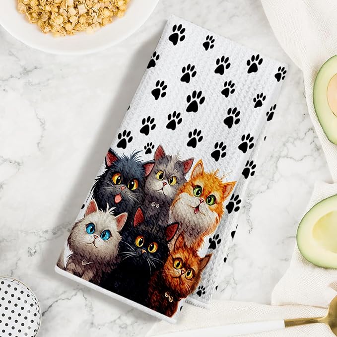 Jztco 2 Pcs Funny Cat Kitchen Towels, Cute Cat Gifts Reusable Hand Towels | Cat Dish Cloths for Drying Dishes, Cats Waffle Dish Towels for Kitchen Bathroom Decor, Cat Lover Gifts for Women Grandma Mom