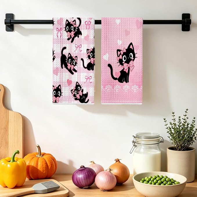 2 Pcs Pink Bow Cat Kitchen Towels 24x14 Inch, Cats Gifts Reuse Hand Towel | Cats Absorbent Waffle Dish Towels for Drying Dishes Kitchen Home Decor, Cat Lover Gifts for Women Mom