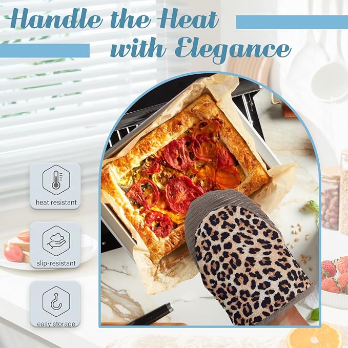Ribbed Mini Oven Mitts 2-Pack Set, 5.5"x8.5", Leopard Printed, Heavy Duty Cotton, Non-Slip Heat Resistant Soft Silicone Oven Mitts with Hanging Loop for Cooking Kitchen Decor