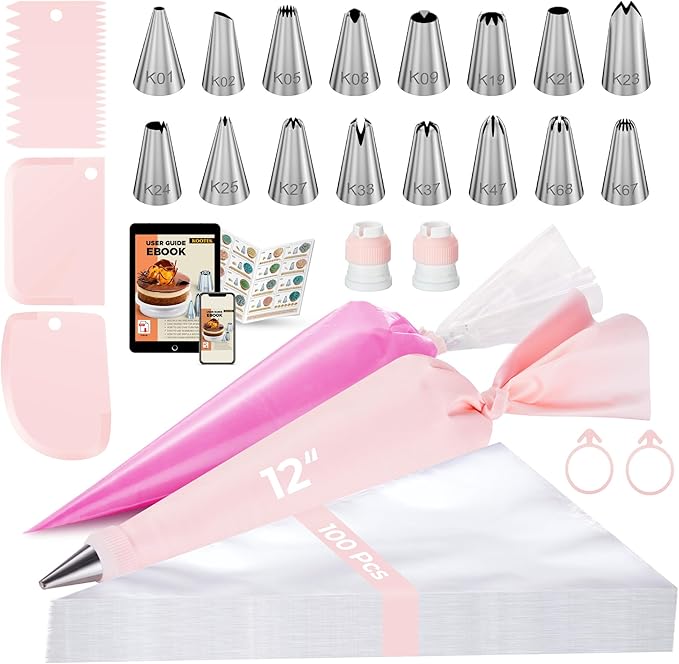 Kootek 124 Icing Piping Bags and Tips Set Frosting Cake Decorating Kit Pink | Baking Supplies Tools, 100 +1 Piping Bags 12", 16 Icing Piping Tips, Reusable Pastry Bag, 3 Scrapers, for Beginners & Pros