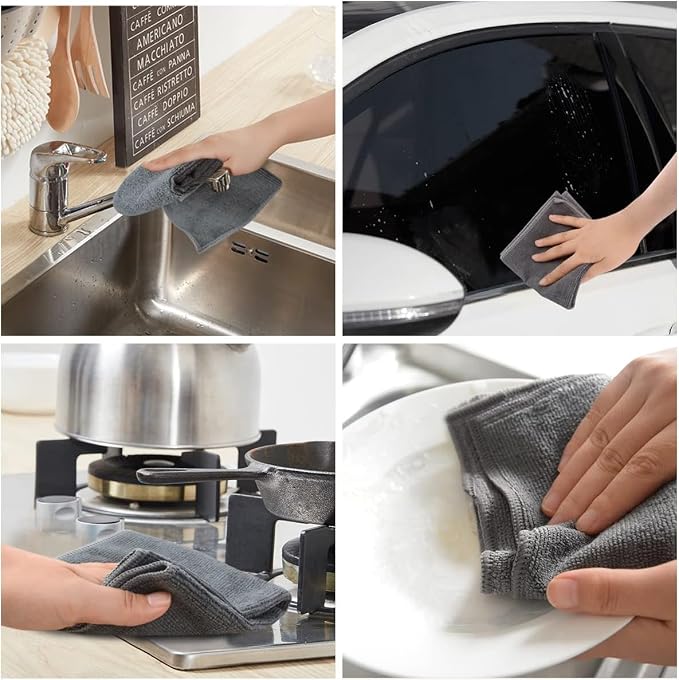 Dish Cloths for Washing Dishes with Scrub Side, Microfiber Dish Rags | Dual-sided microfiber dish cloths with scrubber for stuck-on food, quick dry kitchen washcloths 20 Pack, 8" x 8 Inch Gray