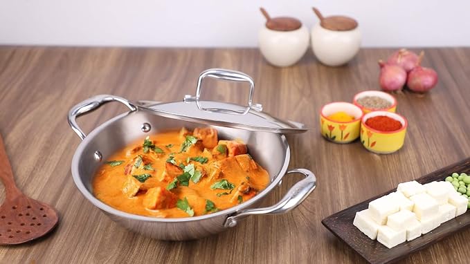 Vinod Platinum Triply Kadai with Lid, Extra Deep, 26cm, for Home Kitchen | Induction And Electric Friendly Stainless Steel Wok; Suited For Indian Sauces, Stews And Soups