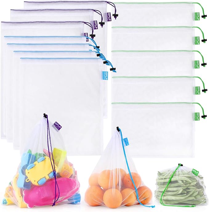 12 Pcs Heavy Duty Reusable Mesh Produce Bags | Barcode Scanable See Through Food Safe Mesh Bags with Drawstring for Fruits, Vegetable, Food, Toys, Grocery Storage